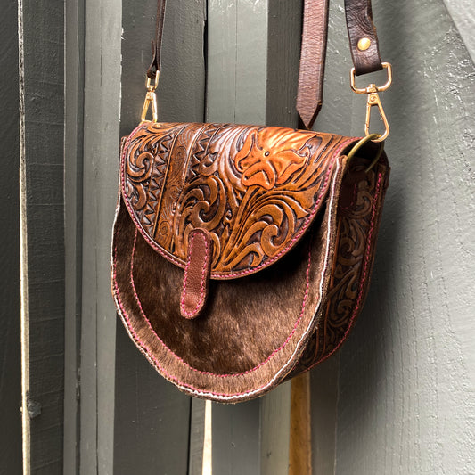 Rose Gold-Tooled Leather Hair on Hide Purse