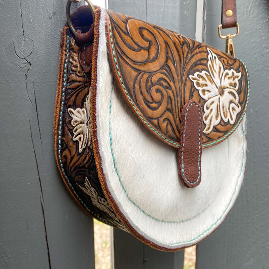 White/Teal Tooled Leather Hair on Hide Purse