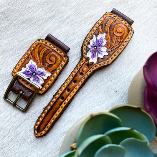 Purple Flower/Scroll Leather Watch Band