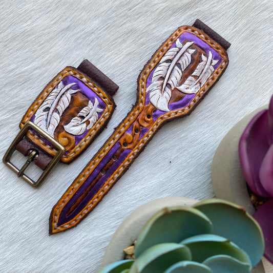 Purple Leather Feather Watch Band