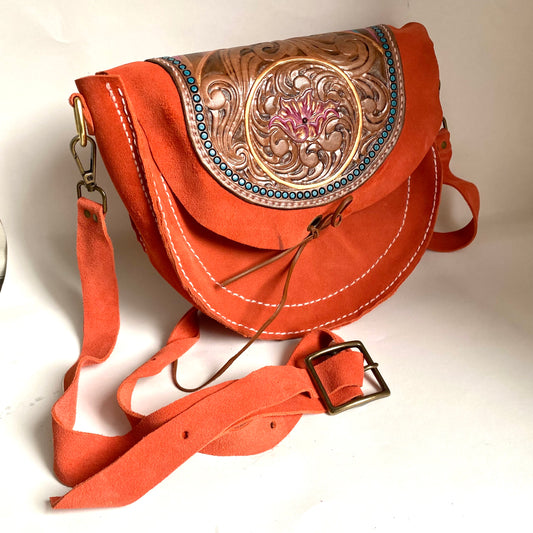Coral/Blue Tooled Leather Suede Purse