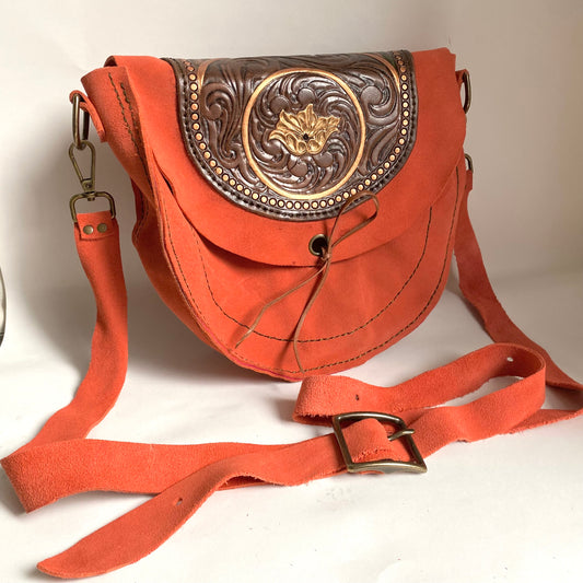 Coral/Green Tooled Leather Suede Purse