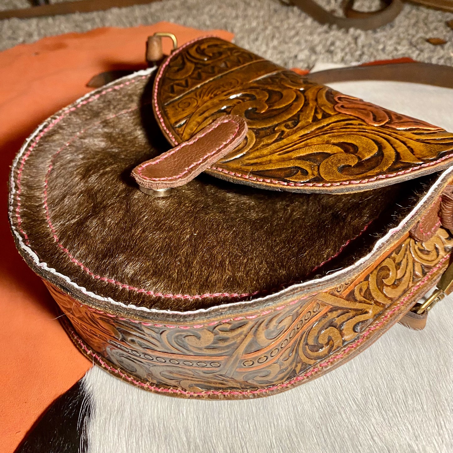 Rose Gold-Tooled Leather Hair on Hide Purse