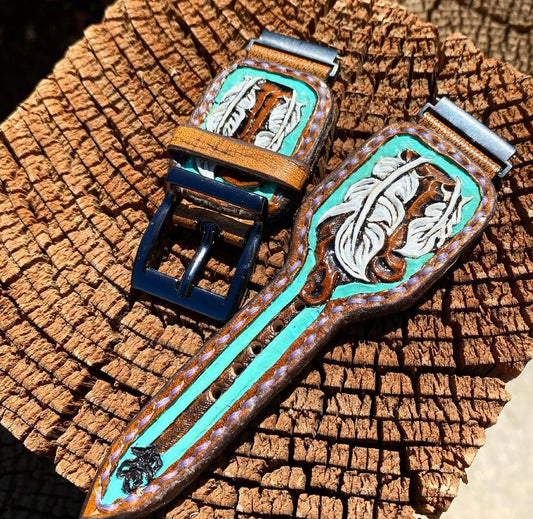 Teal Leather Feather Watch Band
