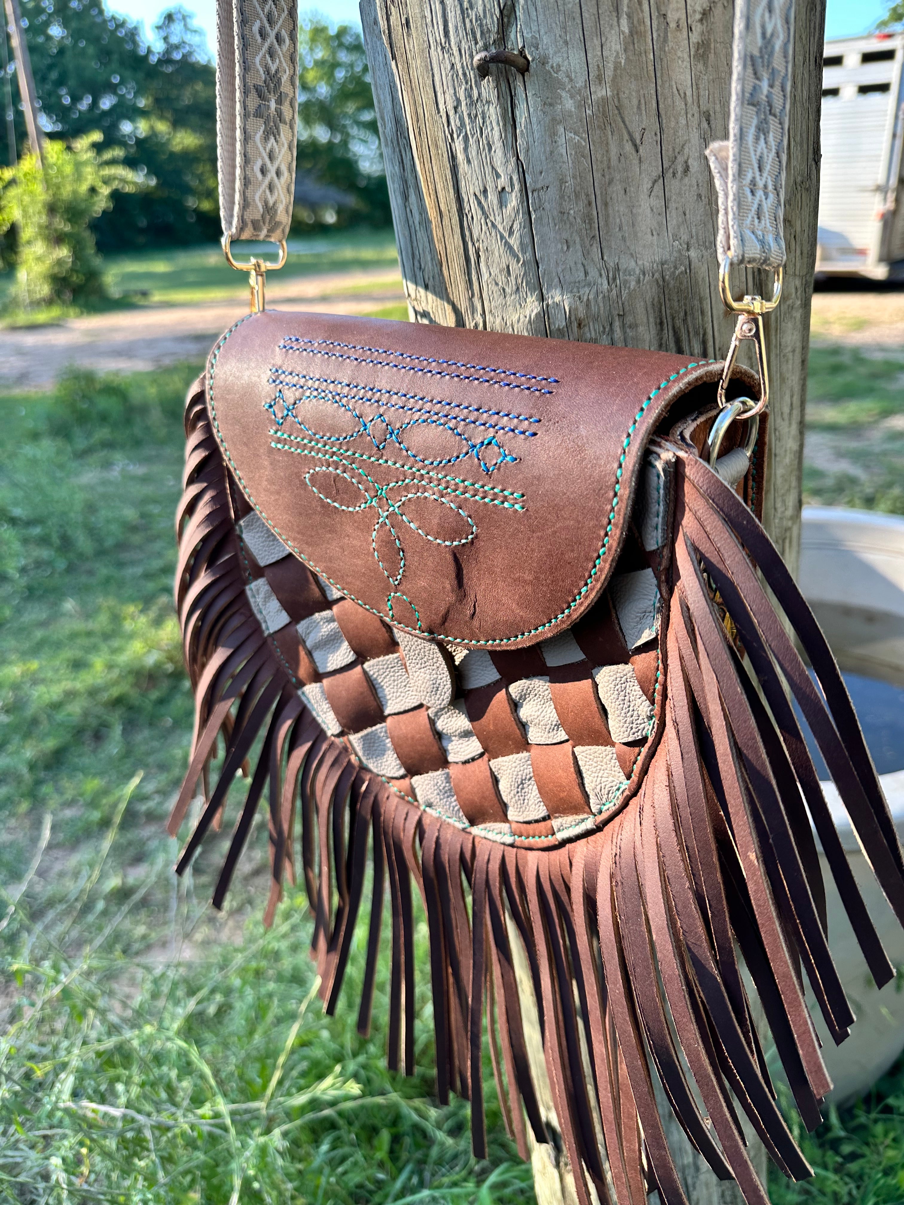 "The Sierra" – Woven Fringe Leather Purse with Blue Boot Stitch