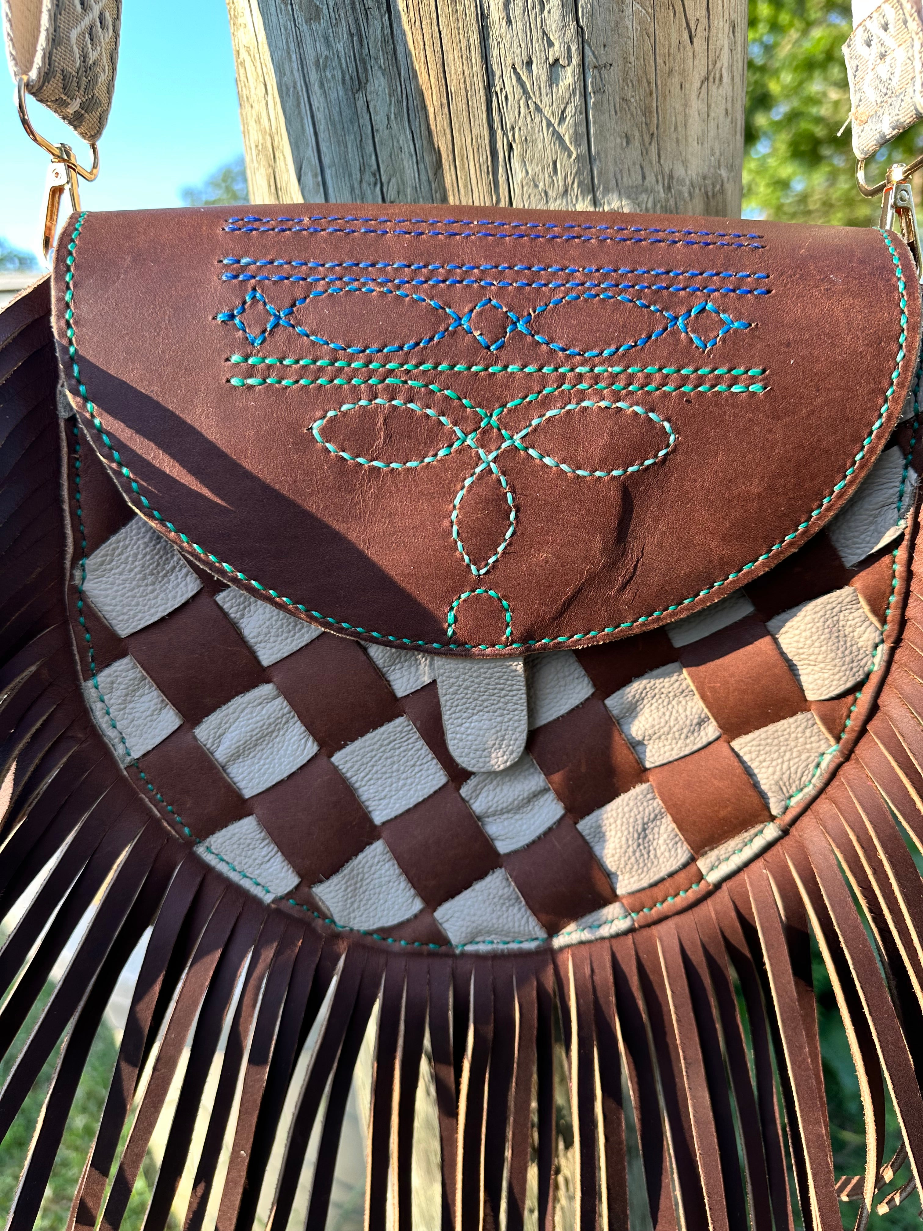 "The Sierra" – Woven Fringe Leather Purse with Blue Boot Stitch