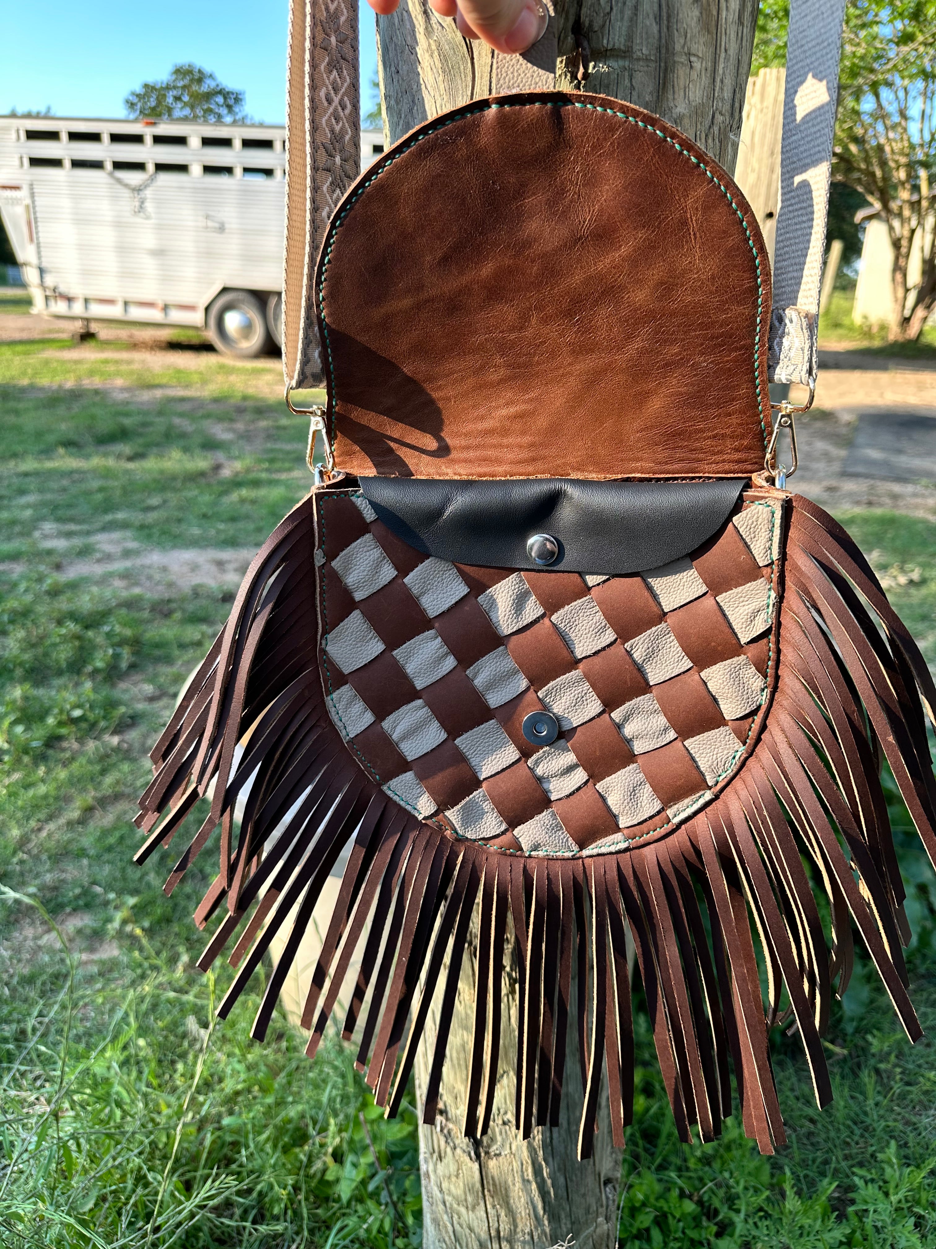 "The Sierra" – Woven Fringe Leather Purse with Blue Boot Stitch