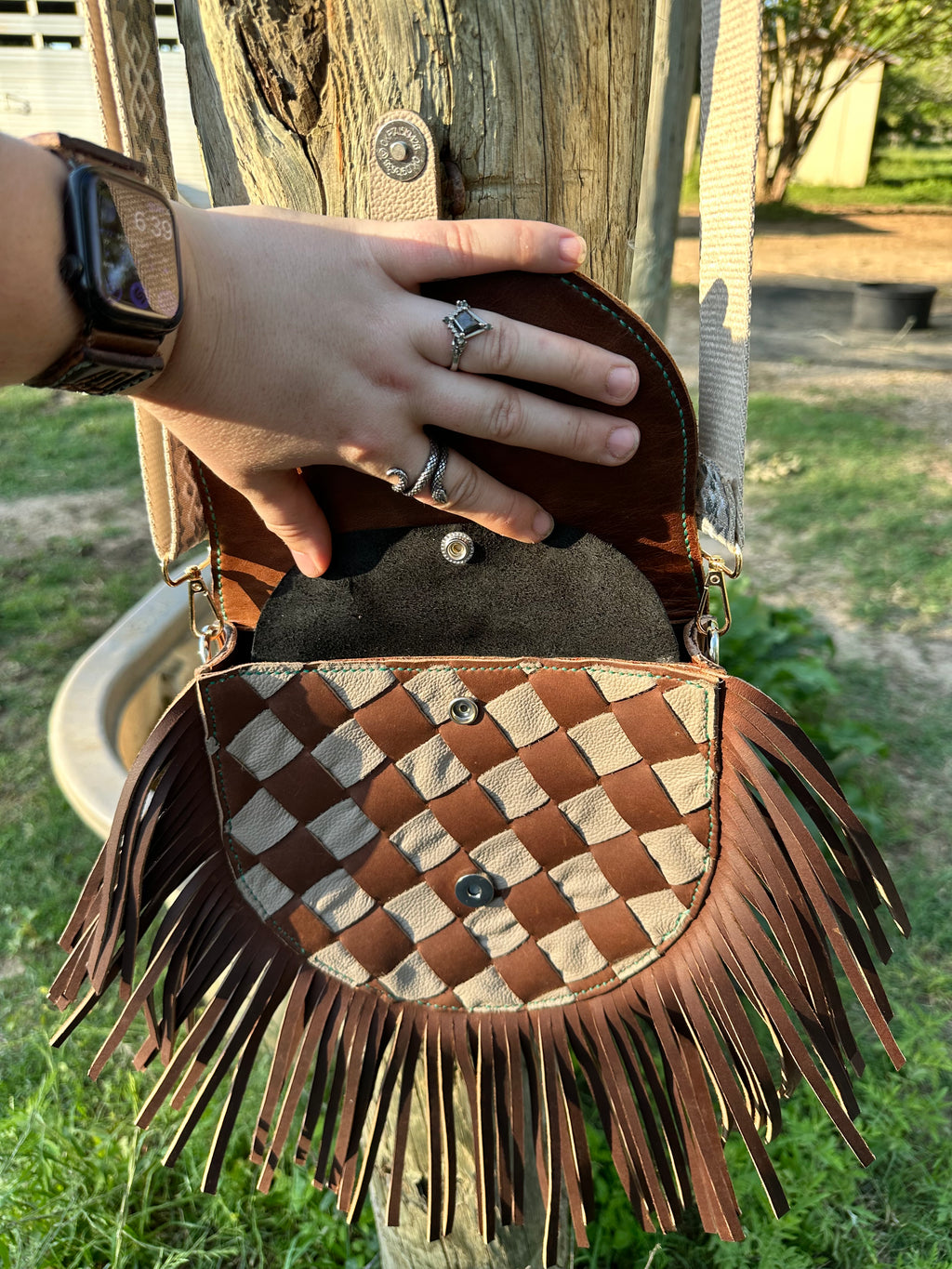 "The Sierra" – Woven Fringe Leather Purse with Blue Boot Stitch