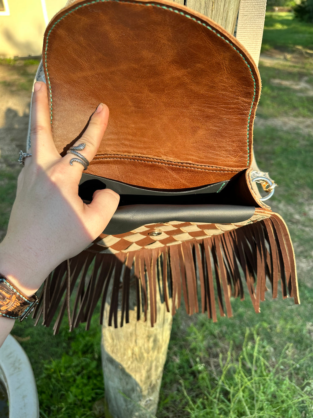 "The Sierra" – Woven Fringe Leather Purse with Blue Boot Stitch