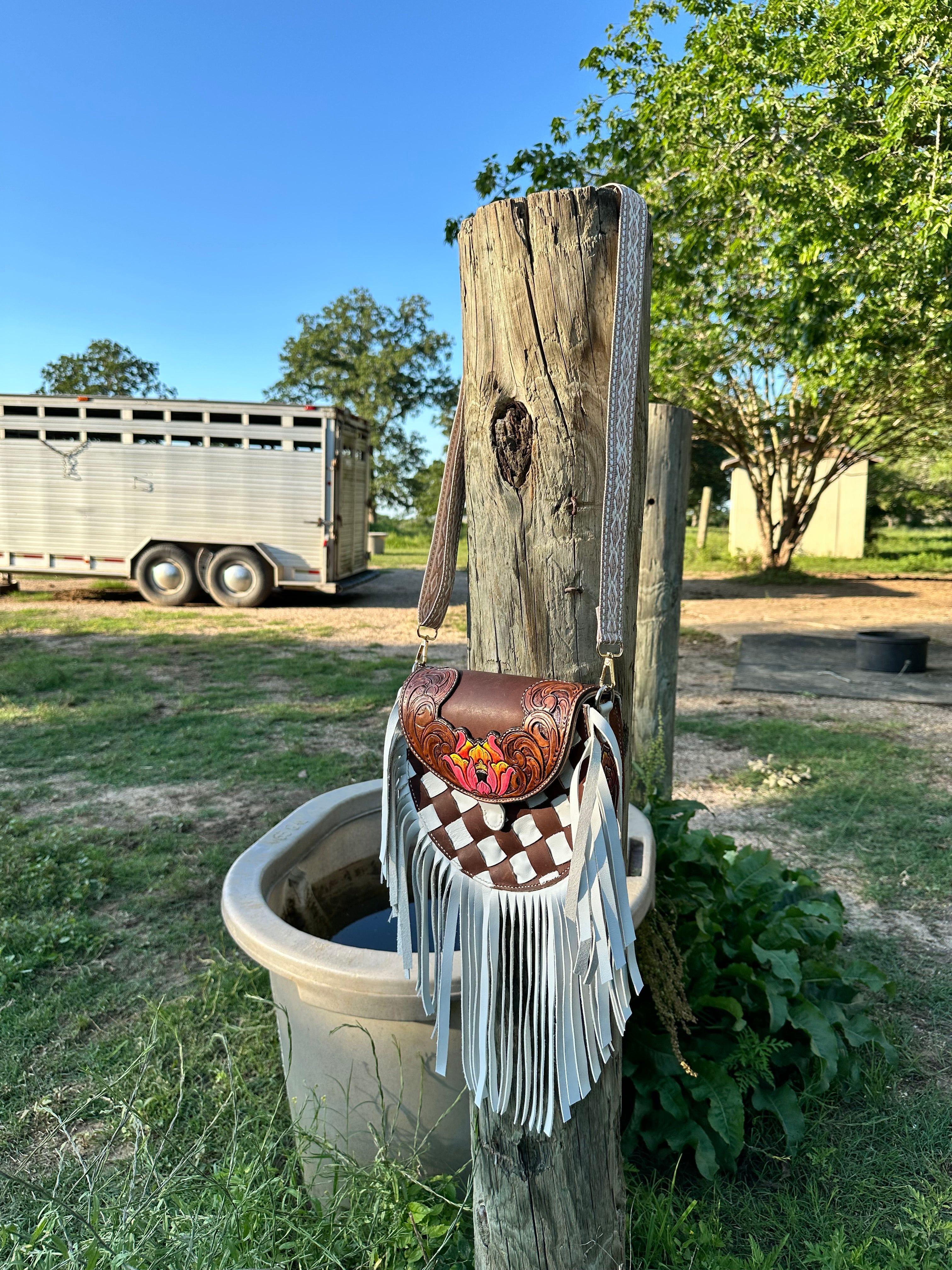 "The Rosewood" – Woven Fringe Leather Purse with Sunset Flower