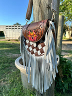 "The Rosewood" – Woven Fringe Leather Purse with Sunset Flower