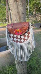 "The Rosewood" – Woven Fringe Leather Purse with Sunset Flower