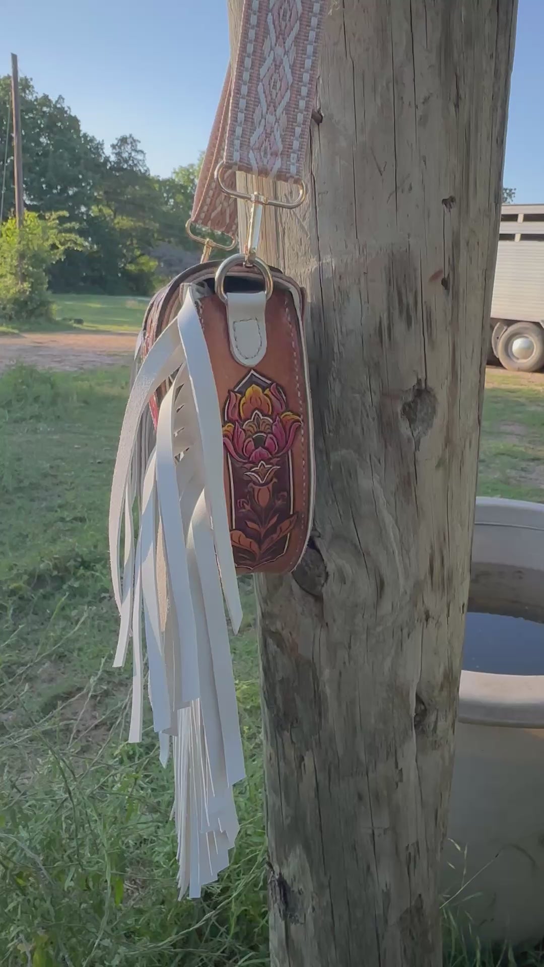 "The Rosewood" – Woven Fringe Leather Purse with Sunset Flower