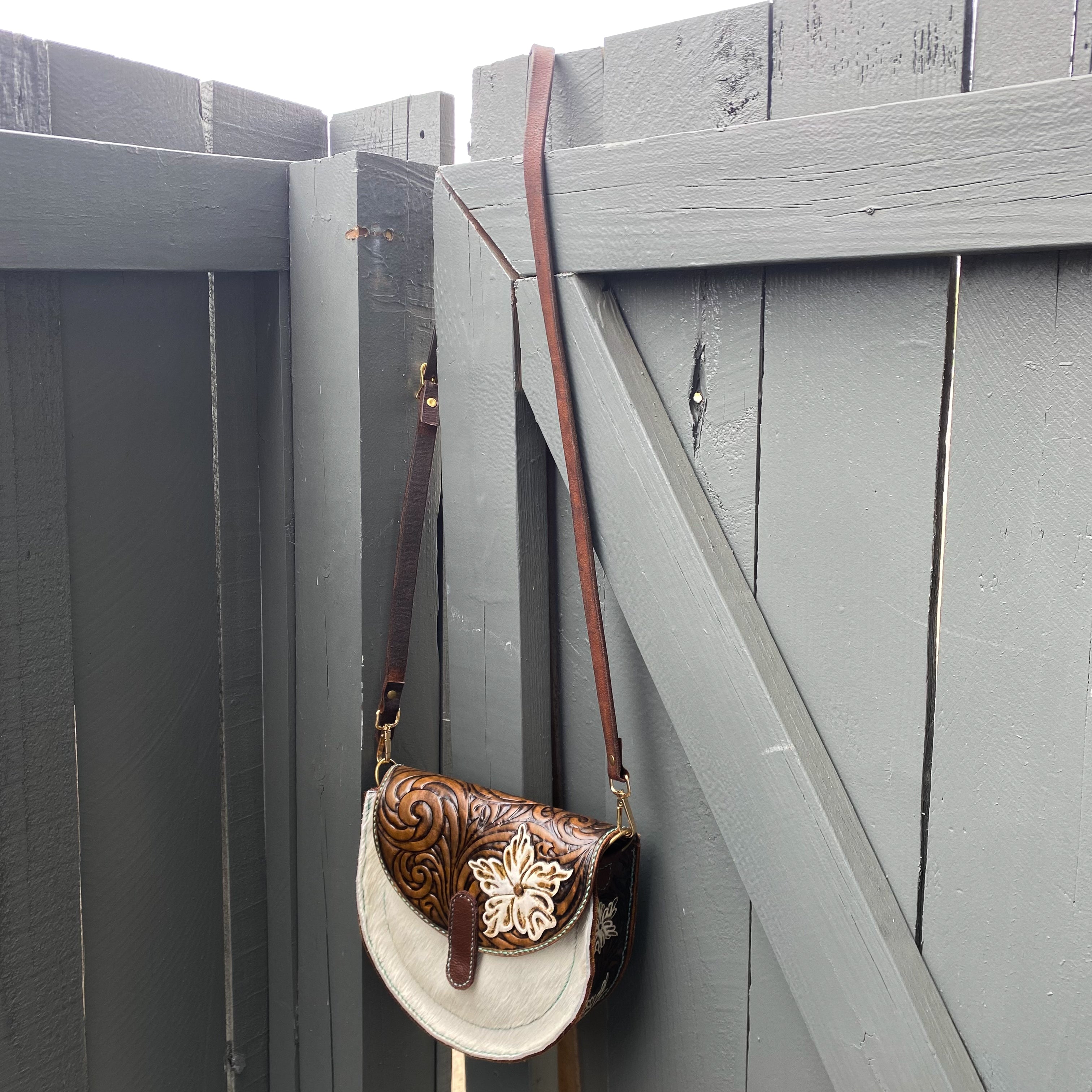 White/Teal Tooled Leather Hair on Hide Purse