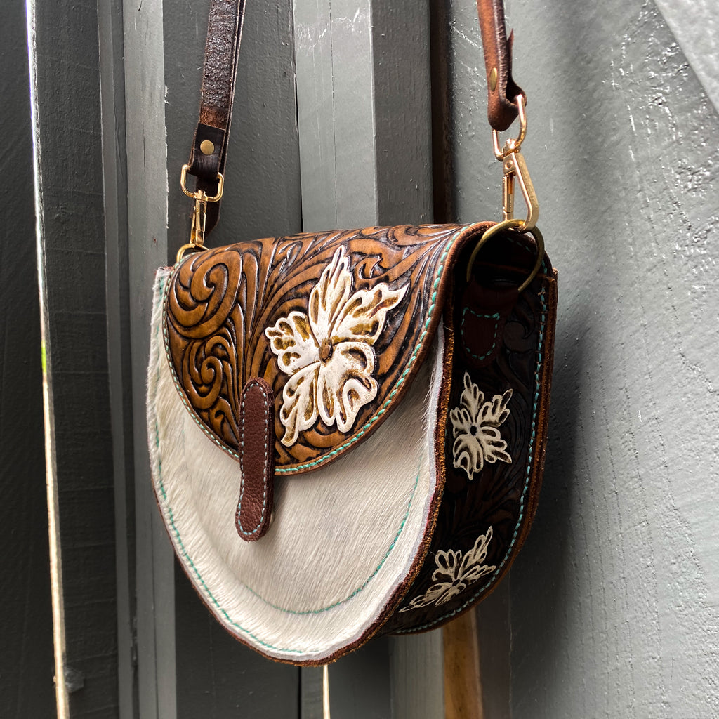White/Teal Tooled Leather Hair on Hide Purse