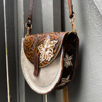 White/Teal Tooled Leather Hair on Hide Purse
