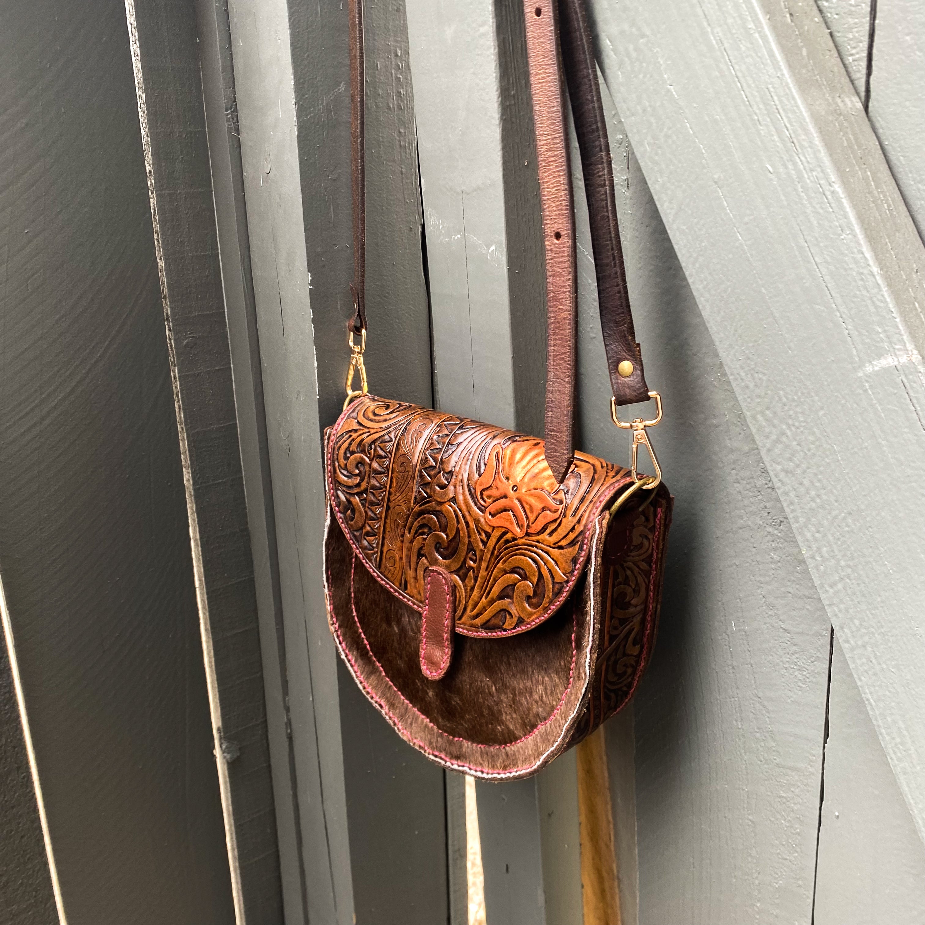 Rose Gold-Tooled Leather Hair on Hide Purse