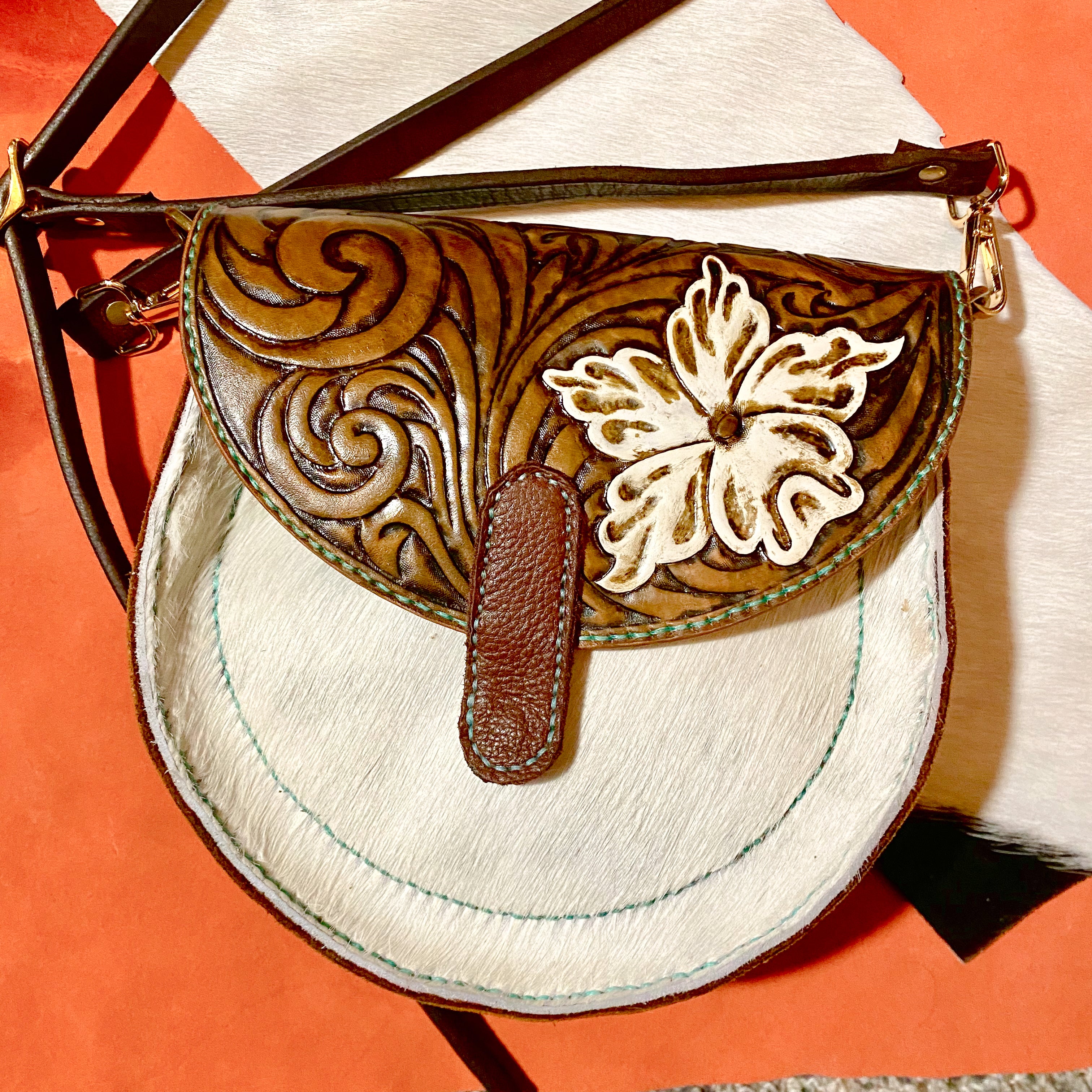 White/Teal Tooled Leather Hair on Hide Purse