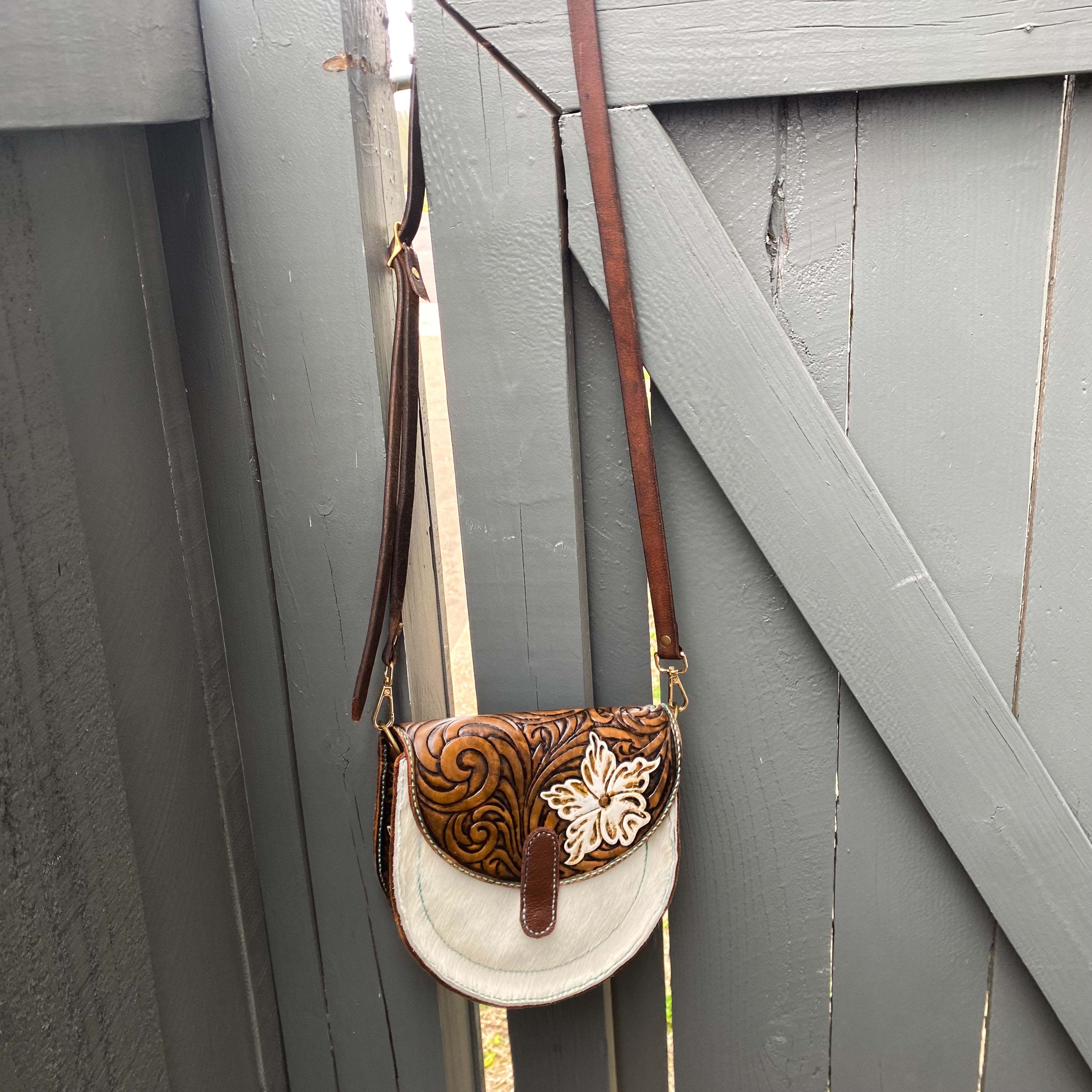 White/Teal Tooled Leather Hair on Hide Purse