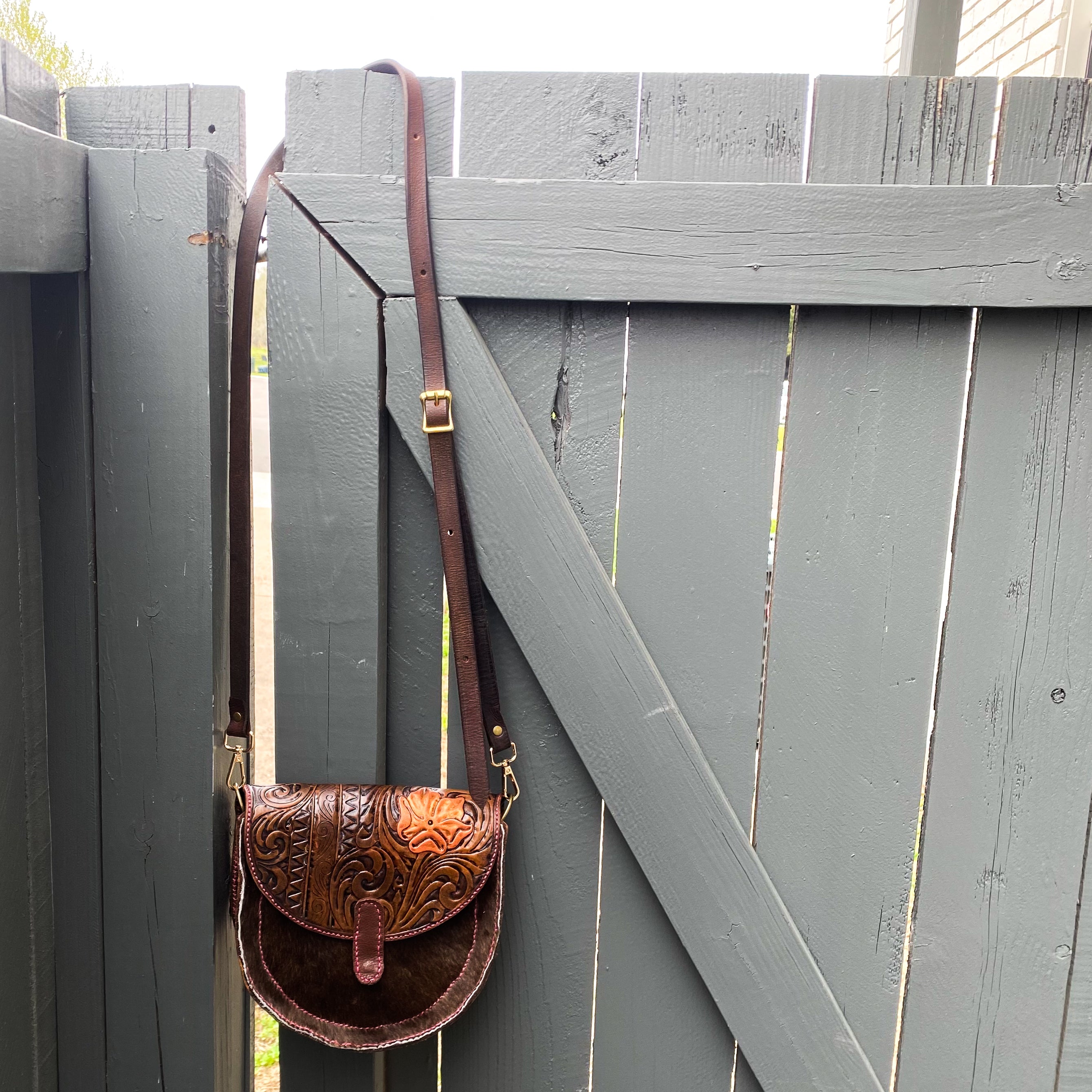 Rose Gold-Tooled Leather Hair on Hide Purse