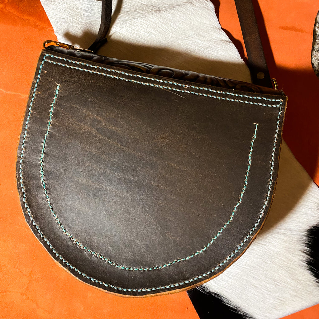 White/Teal Tooled Leather Hair on Hide Purse