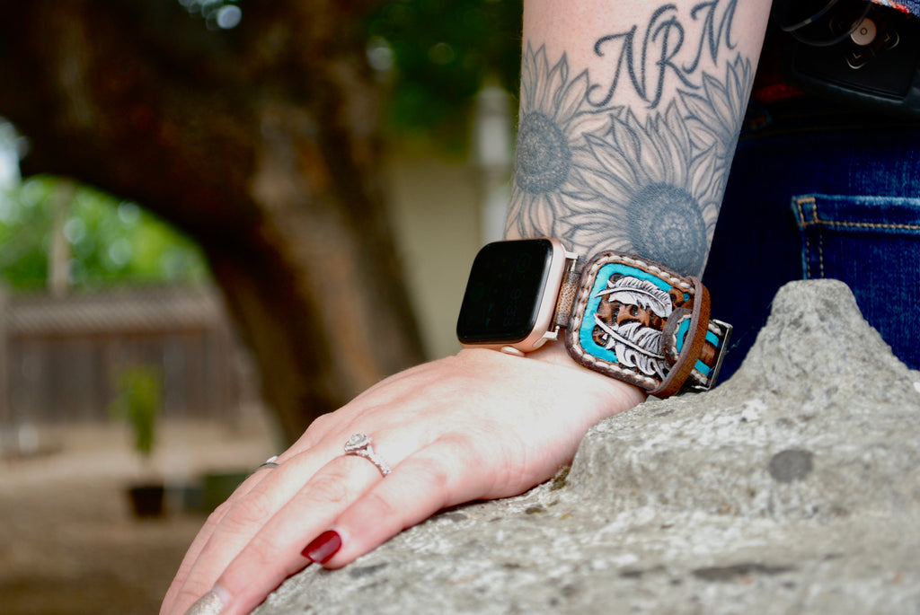 Teal Leather Feather Watch Band