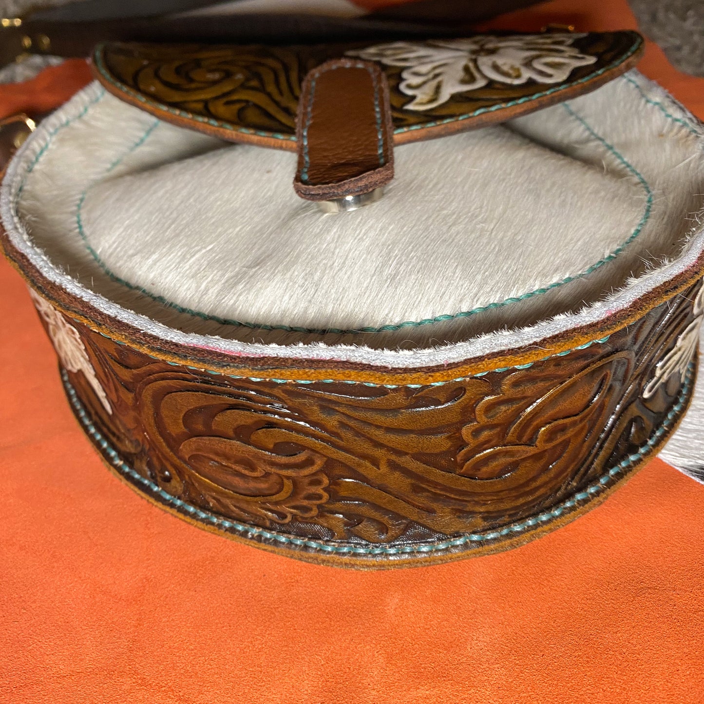 White/Teal Tooled Leather Hair on Hide Purse