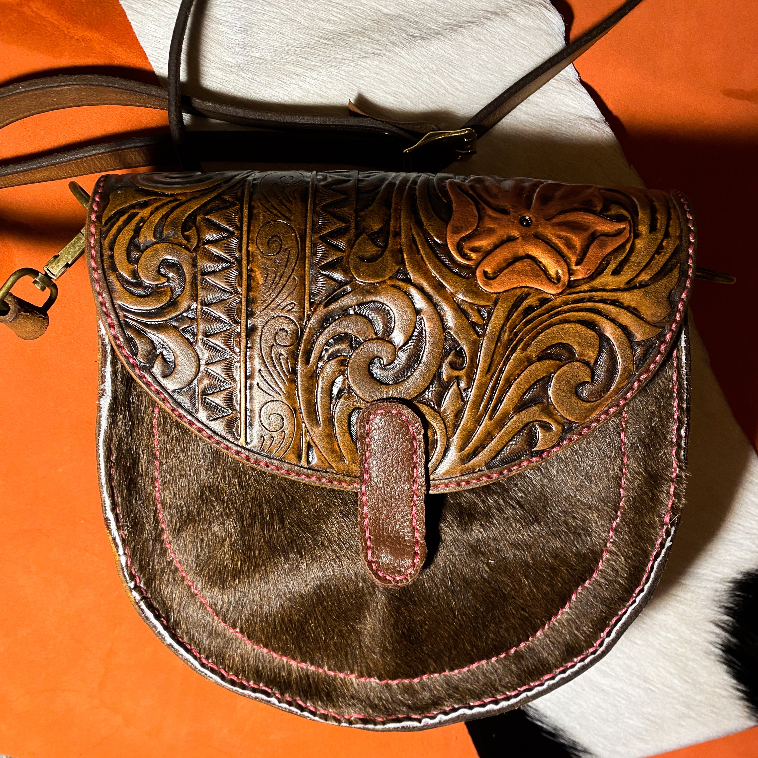 Rose Gold-Tooled Leather Hair on Hide Purse