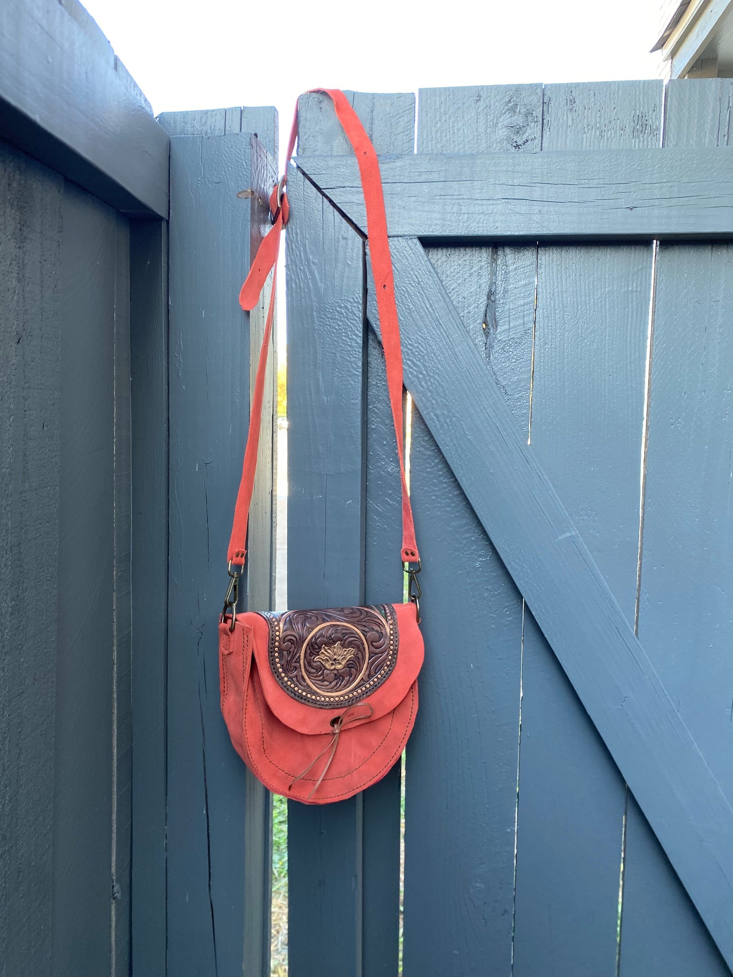 Coral/Green Tooled Leather Suede Purse