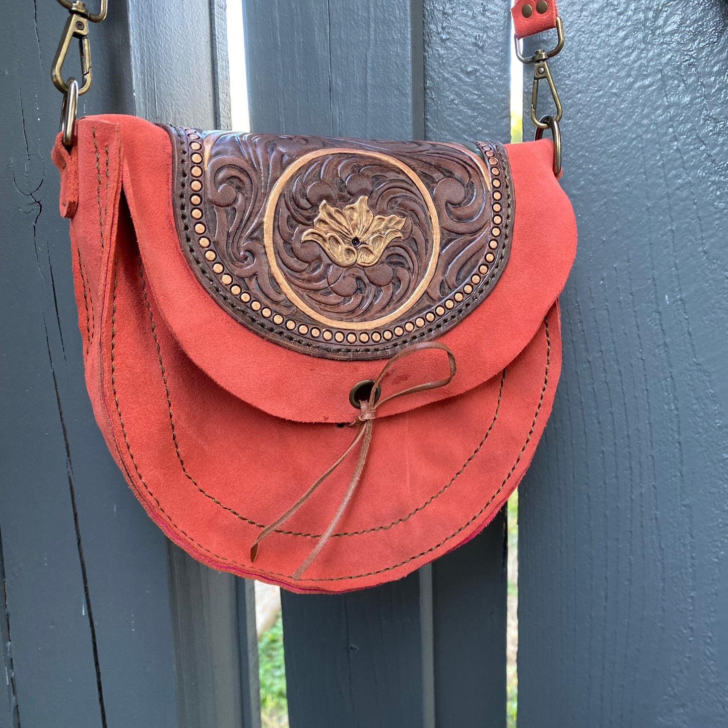 Coral/Green Tooled Leather Suede Purse