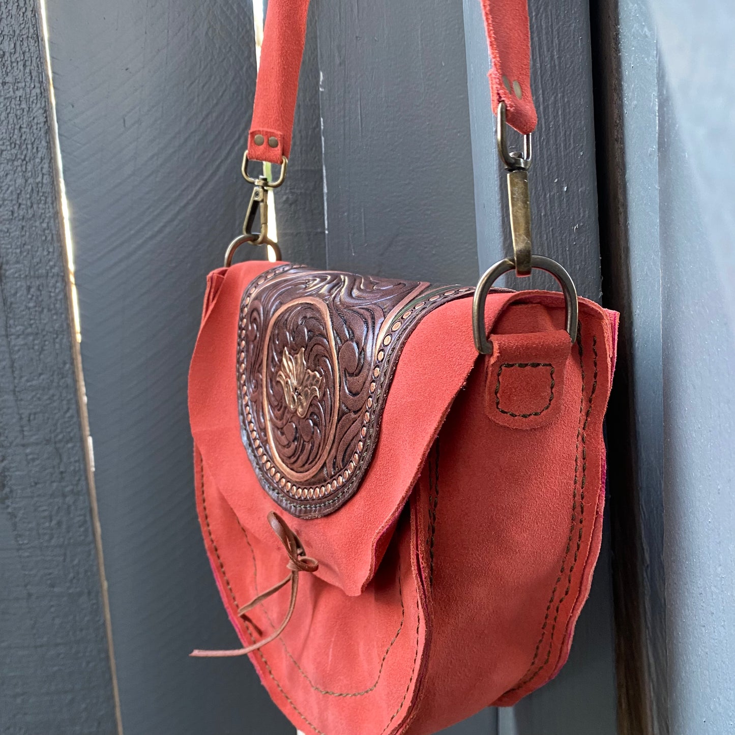 Coral/Green Tooled Leather Suede Purse