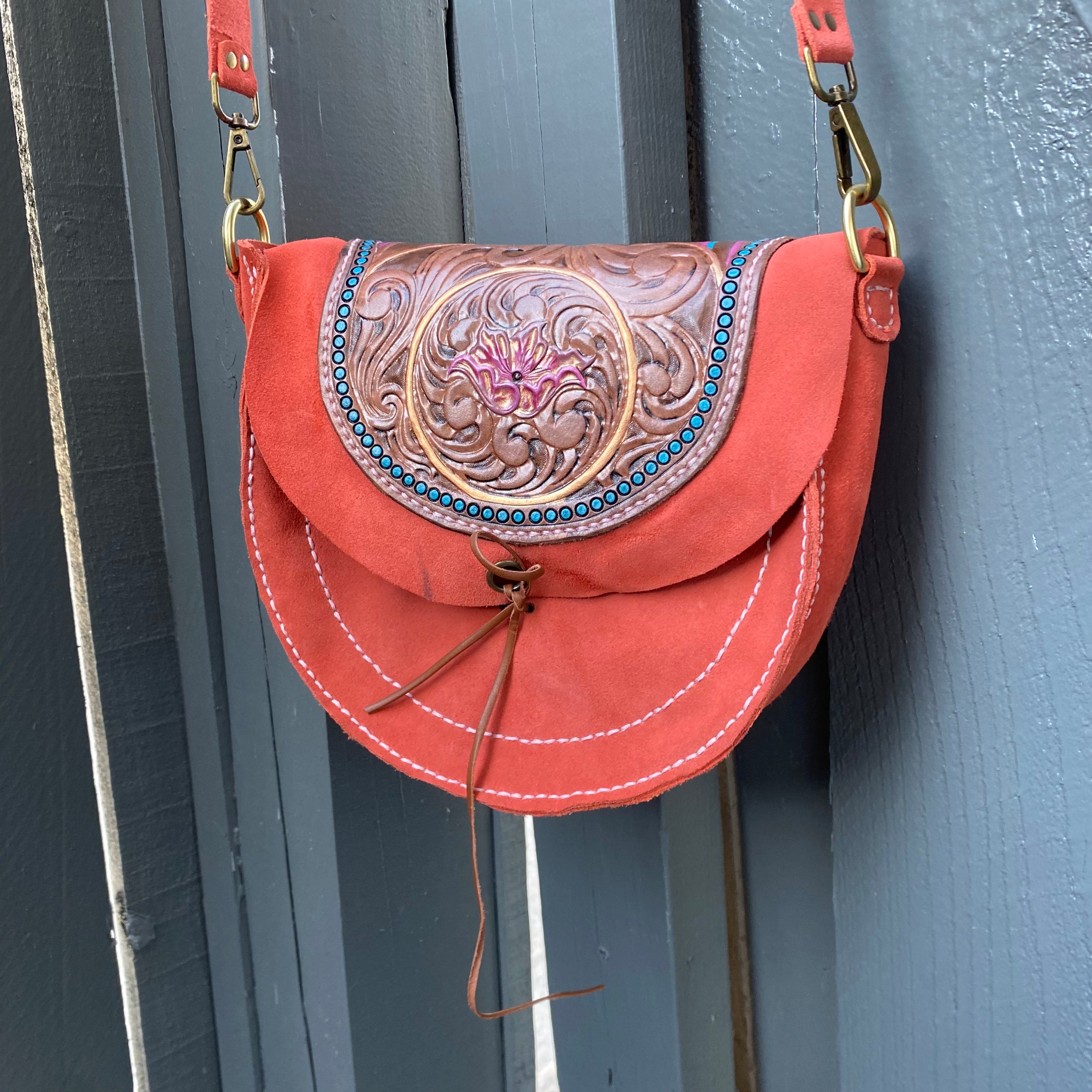 Coral/Blue Tooled Leather Suede Purse