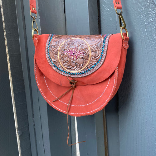 Coral/Blue Tooled Leather Suede Purse