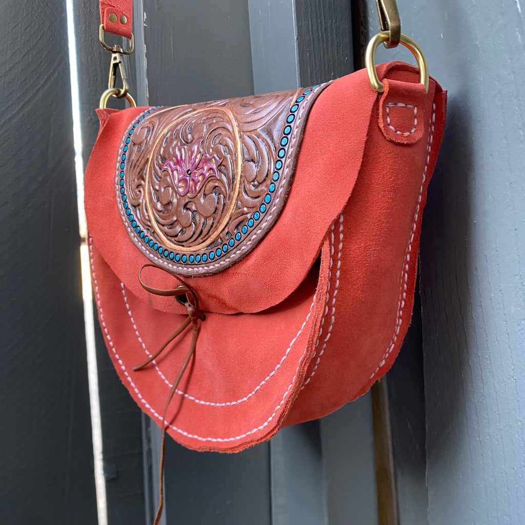 Coral/Blue Tooled Leather Suede Purse