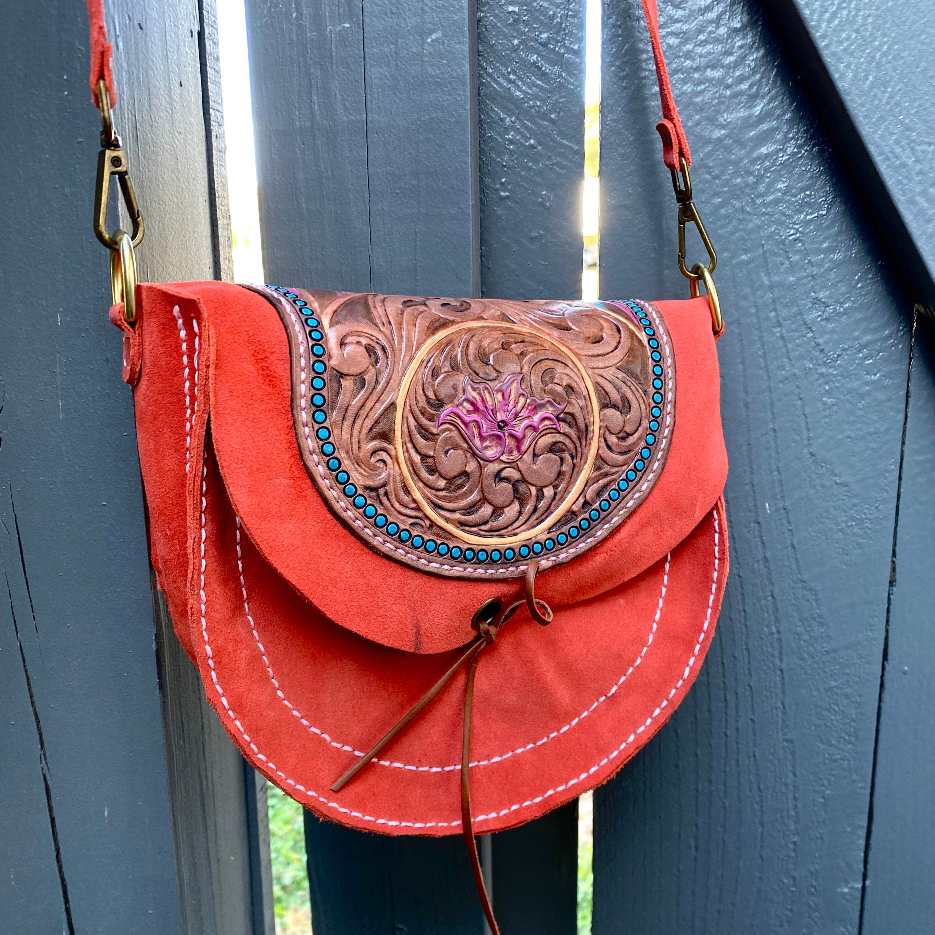 Coral/Blue Tooled Leather Suede Purse