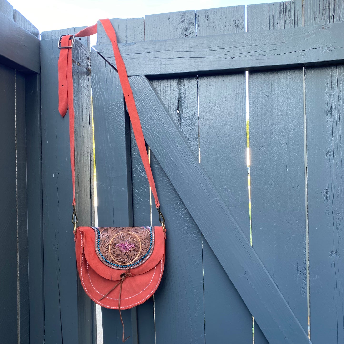 Coral/Blue Tooled Leather Suede Purse