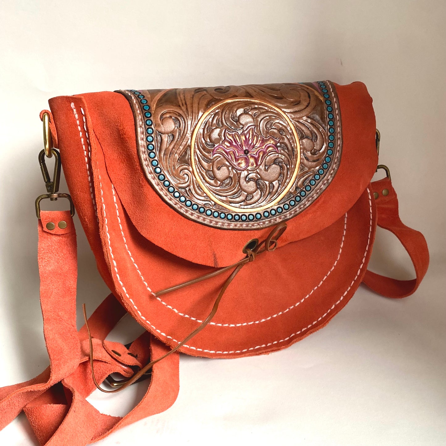 Coral/Blue Tooled Leather Suede Purse