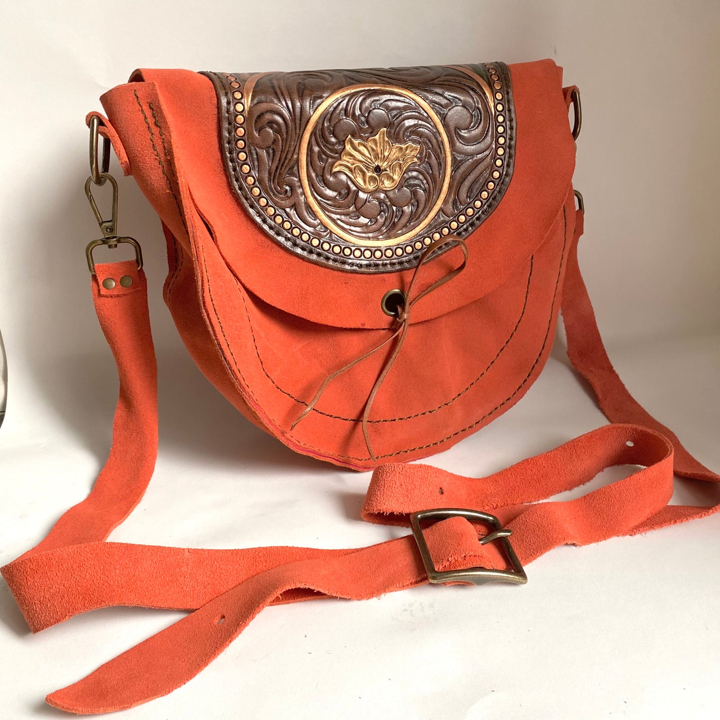 Coral/Green Tooled Leather Suede Purse