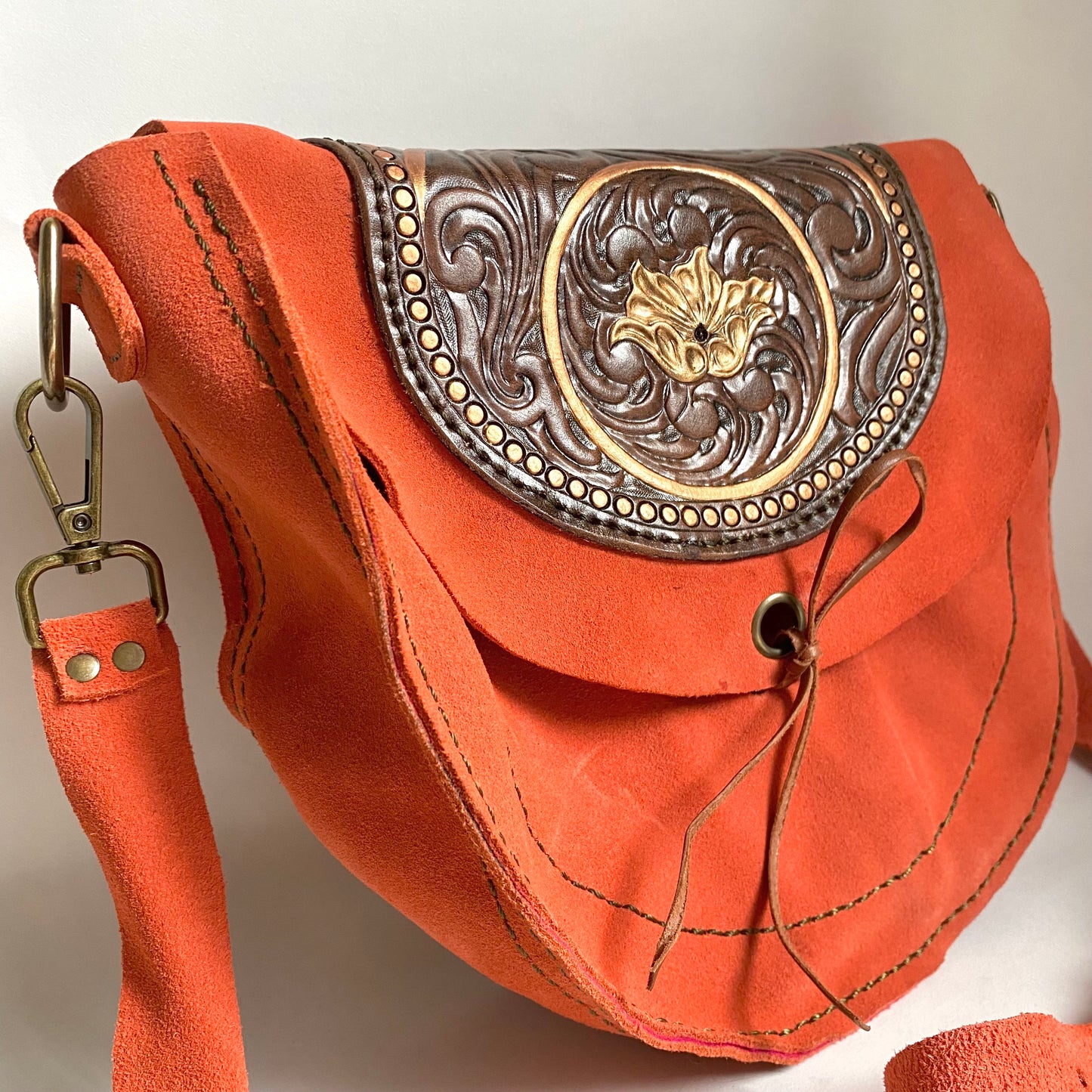 Coral/Green Tooled Leather Suede Purse