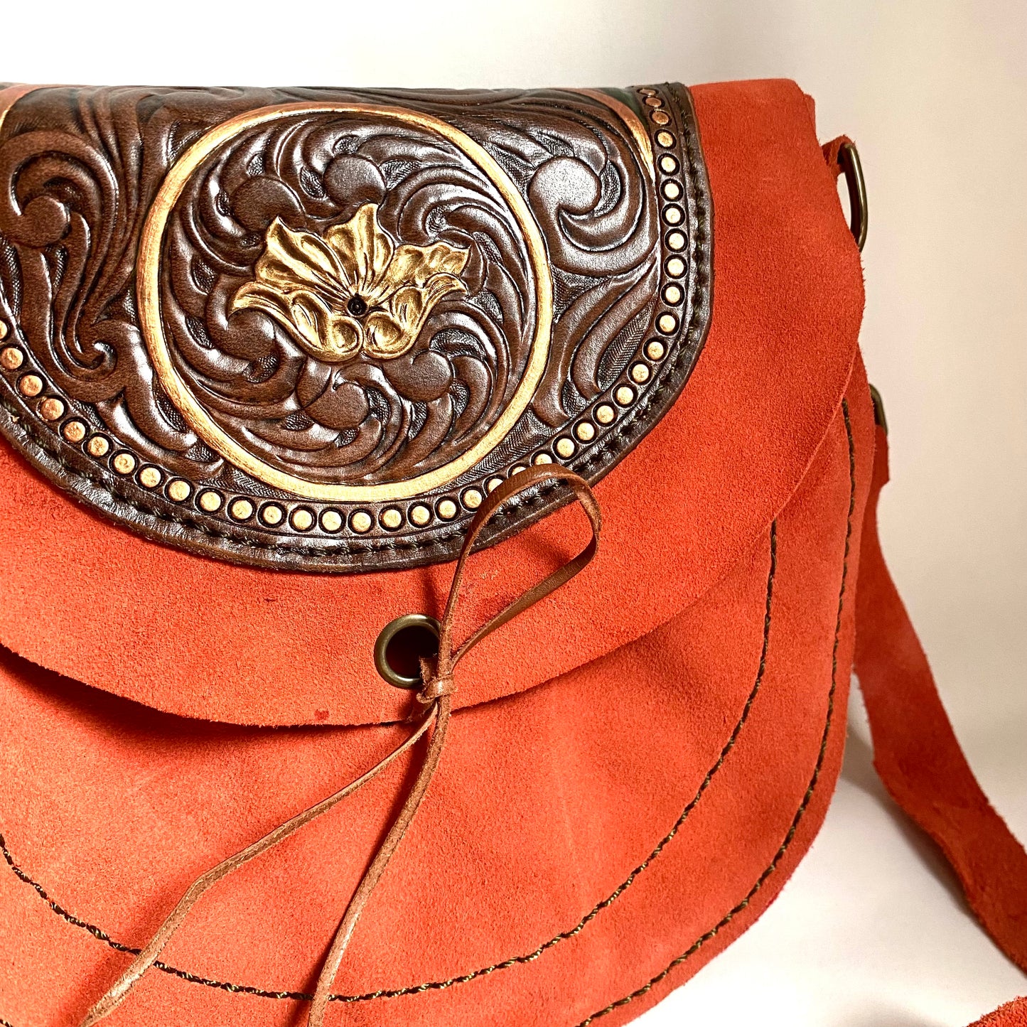 Coral/Green Tooled Leather Suede Purse