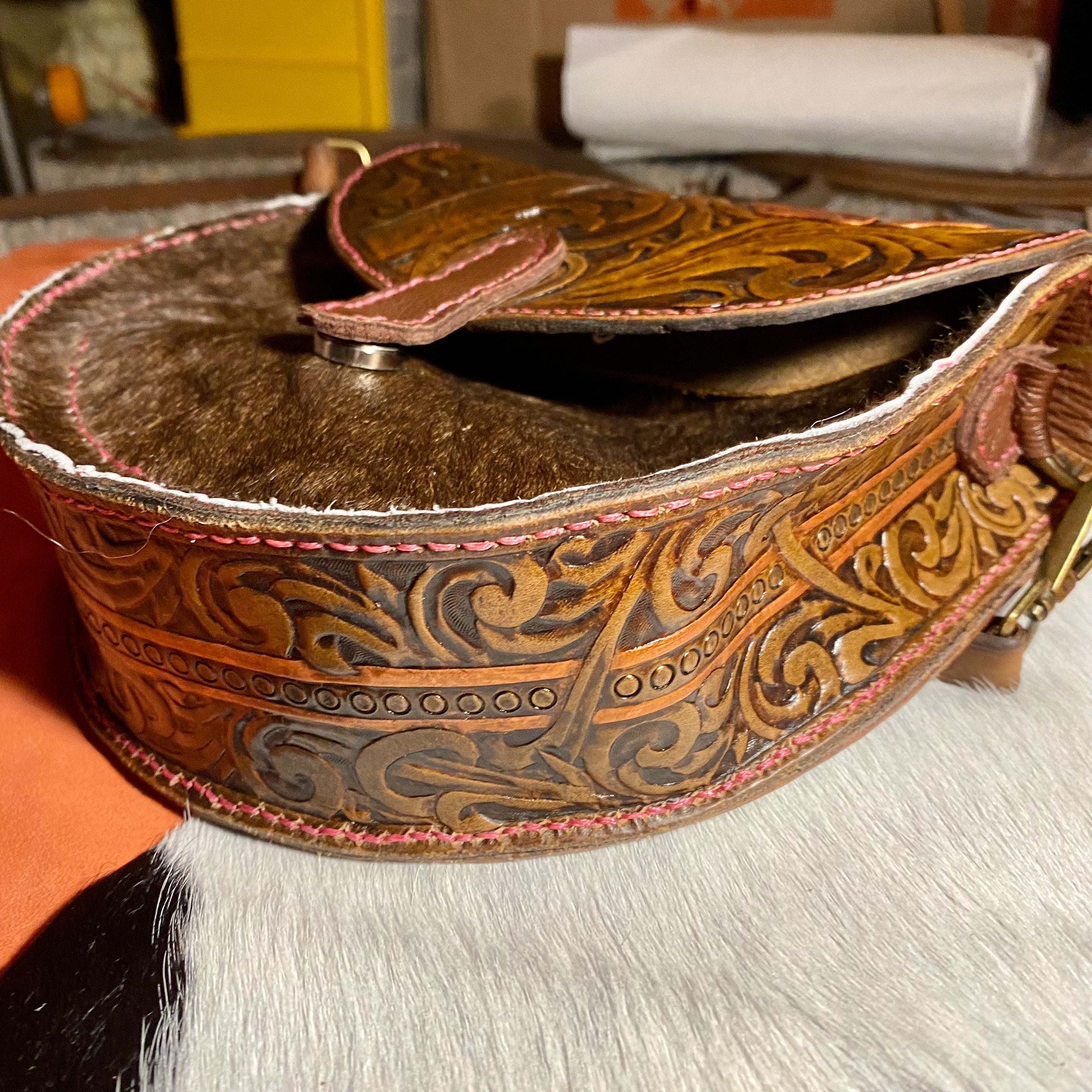 Rose Gold-Tooled Leather Hair on Hide Purse